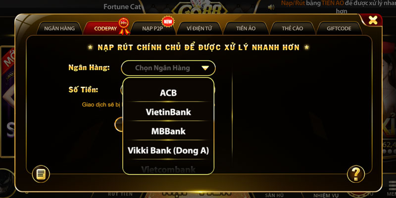 Go88 chính hãng hỗ trợ nạp tiền qua nhiều ngân hàng